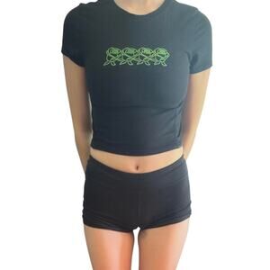 A.Lab Crop Tee - Black Neon Green Rose Graphic Stretch Fit Small